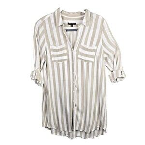 Sharagano Shirt Dress Womens 22W Taupe Ivory Button Up Pockets Stripes  Y2K